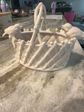 Glossy Ceramic Lattice Basket with Bird Accents